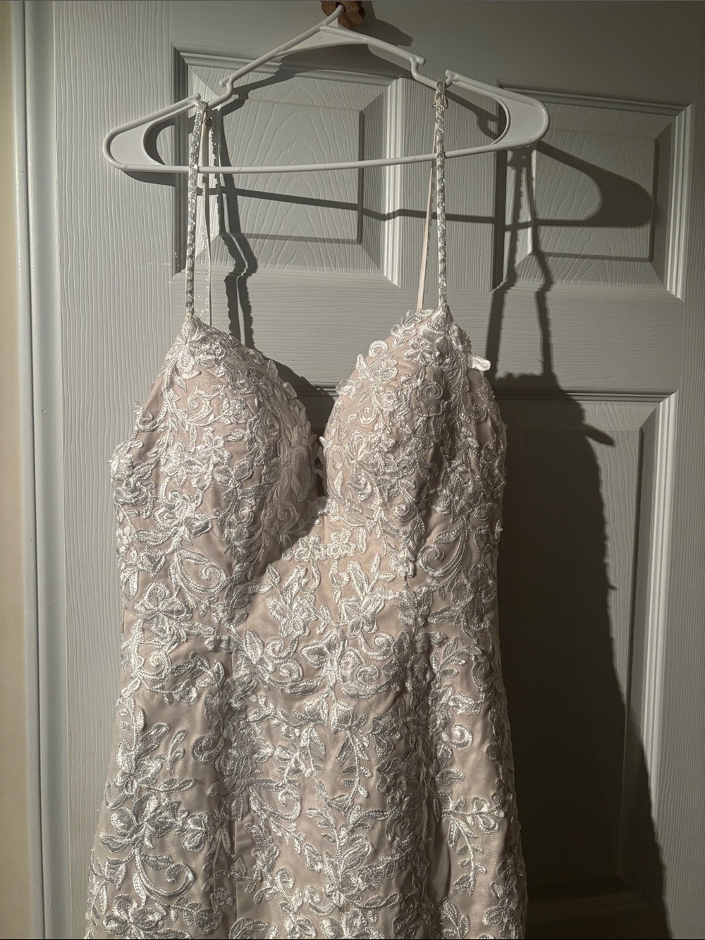 Embroidered Spaghetti-Strap Wedding Dress with White Lace